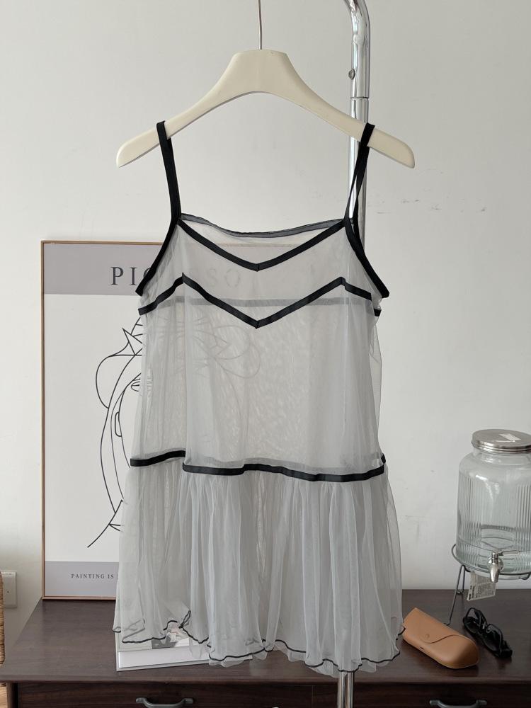 Contrast Color Mesh Camisole Vest with Ruffle Hem - Women s Spring 2026 Fashion Age-Reducing Top One Size серый
