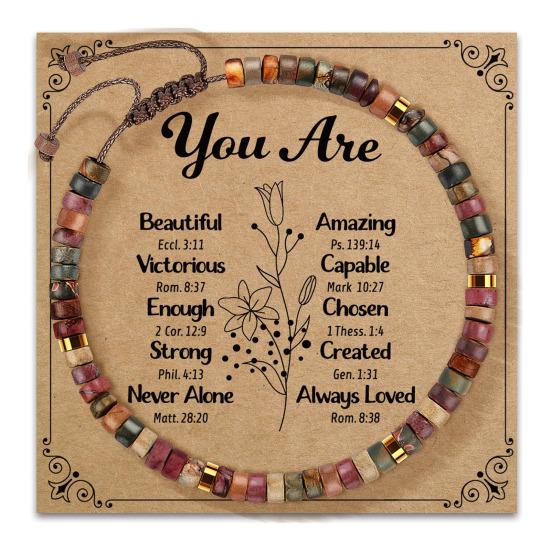 Boho Wood Bead Bracelet Wooden Flat Beads Bracelet Adjustable Friendship Bracelet with Inspirational Card Gift for Men Women