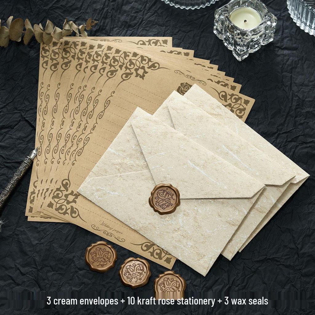 Gilded Envelope & Letter Paper Set - Embossed Texture, Straits Style, Handwritten Love Letters with Wax Seal for Valentine's Day