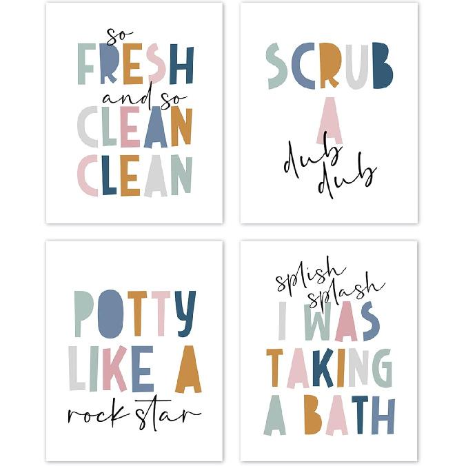 TLESKE Pink Girls Kids Bathroom Splash in the Bath Posters Prints Unframed 8x10 Set of 4, Dance in the Mirror Wall Art Prints Decor, Sing in the