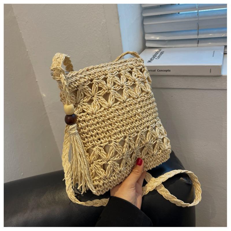 

New mobile phone bag hollow straw women s bag versatile fringed vacation beach woven shoulder satchel off білий колір