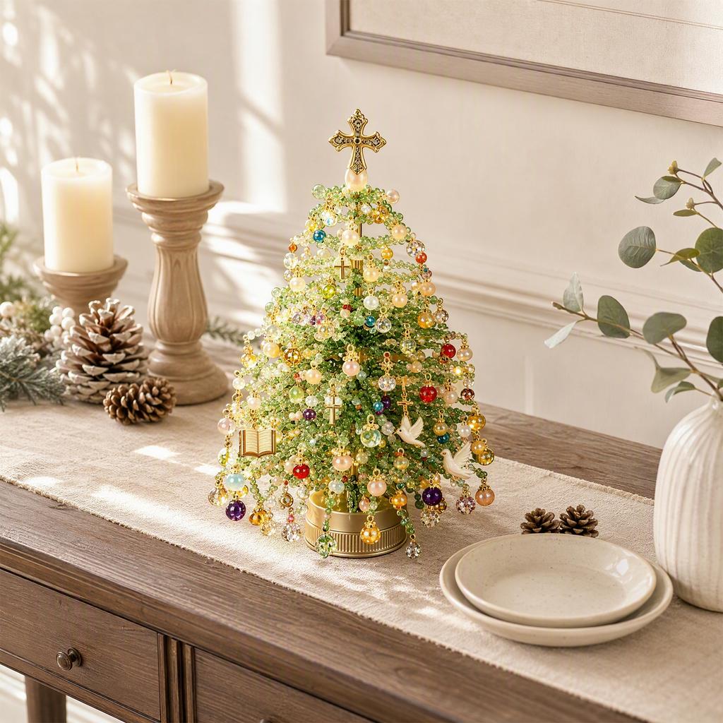 DIY Christmas Tree Making Kit Crystal Beads Pearl Pendants Angel Topper Festive Tabletop Decoration Adults