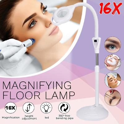 Pro 16X Dioptri LED Förstoring Golvstativ Lampa Förstoringsglas Glas Len Ansiktsljus För Skönhetssalong Nageltatuering 110V/220V