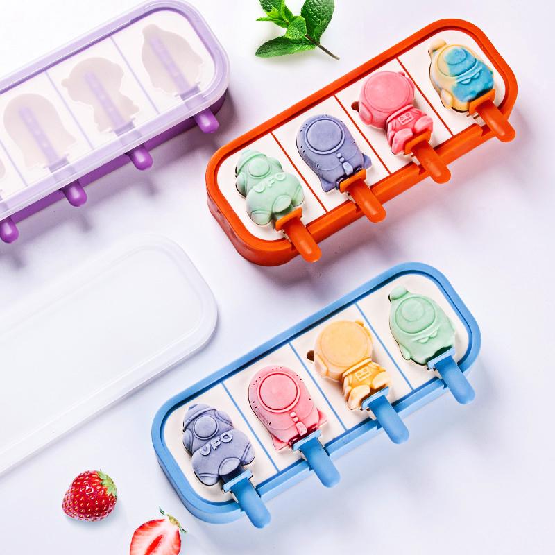 Cartoon Space Rocket Astronaut Ice Cream Silicone Mold With Lid Family Popsicle Ice Cube Tray Mold Cheese Kitchen Accessories