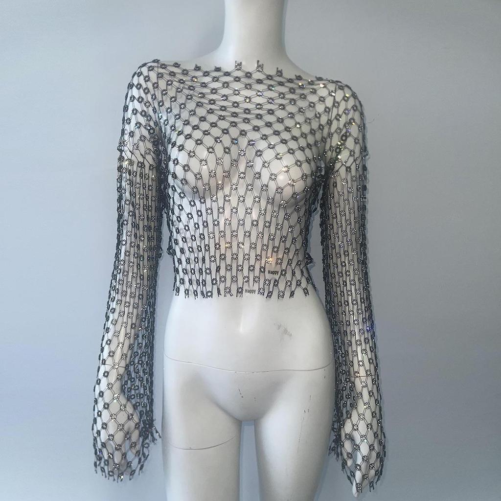 Europäisches & Amerikanisches High-End Mesh Strass Damen Langarmtop