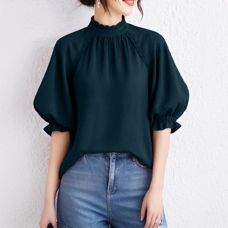 

ZANZEA Women Casual Stand Collar Loose Summer Half Sleeve Blouse 5XL синий