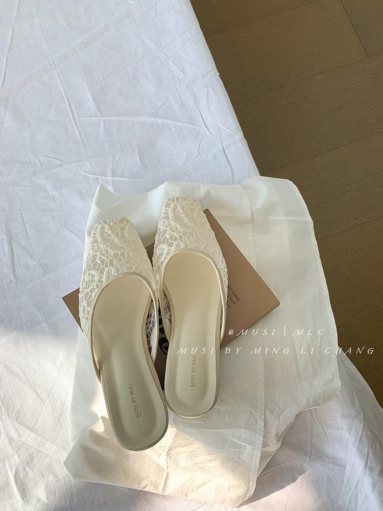 Women‘s Summer New Sandals Casual Slip on Lady Mules Mesh Low Heel Comfort Slippers Square Toe Slingback Ladies Flat Sandals