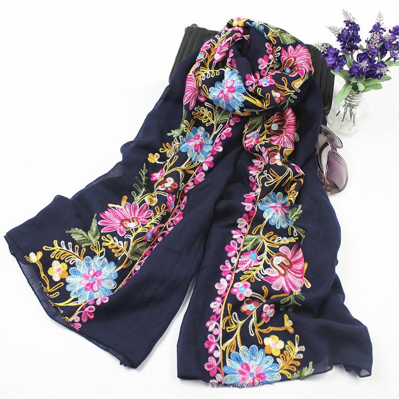 Retro Nepalese Style Ethnic Style Cotton and Linen Embroidered Scarf for Women's Literary Spring  Autumn and Winter Shawl Embroidered Flowers