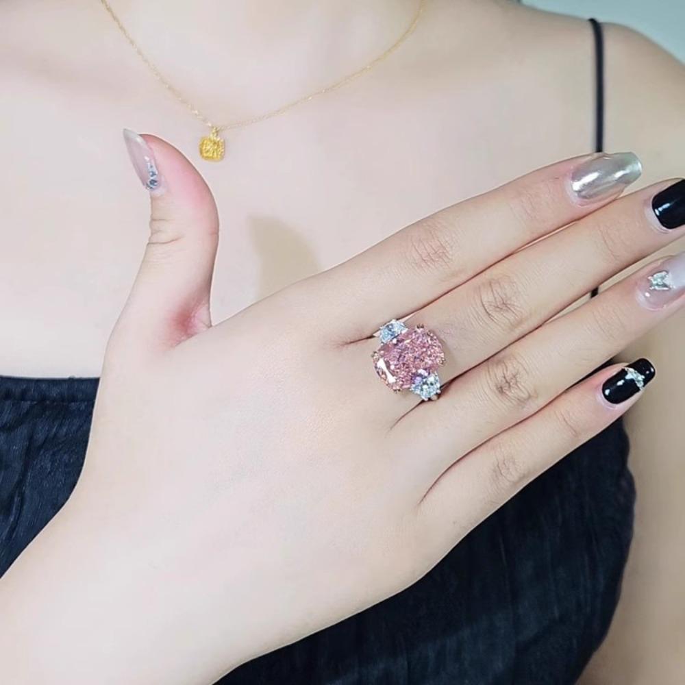 Luxury Cherry Pink Open Ring Cushion Cut Square Zircon Engagement Ring Sparkling High Carbon Diamond Pink Zircon Jewelry