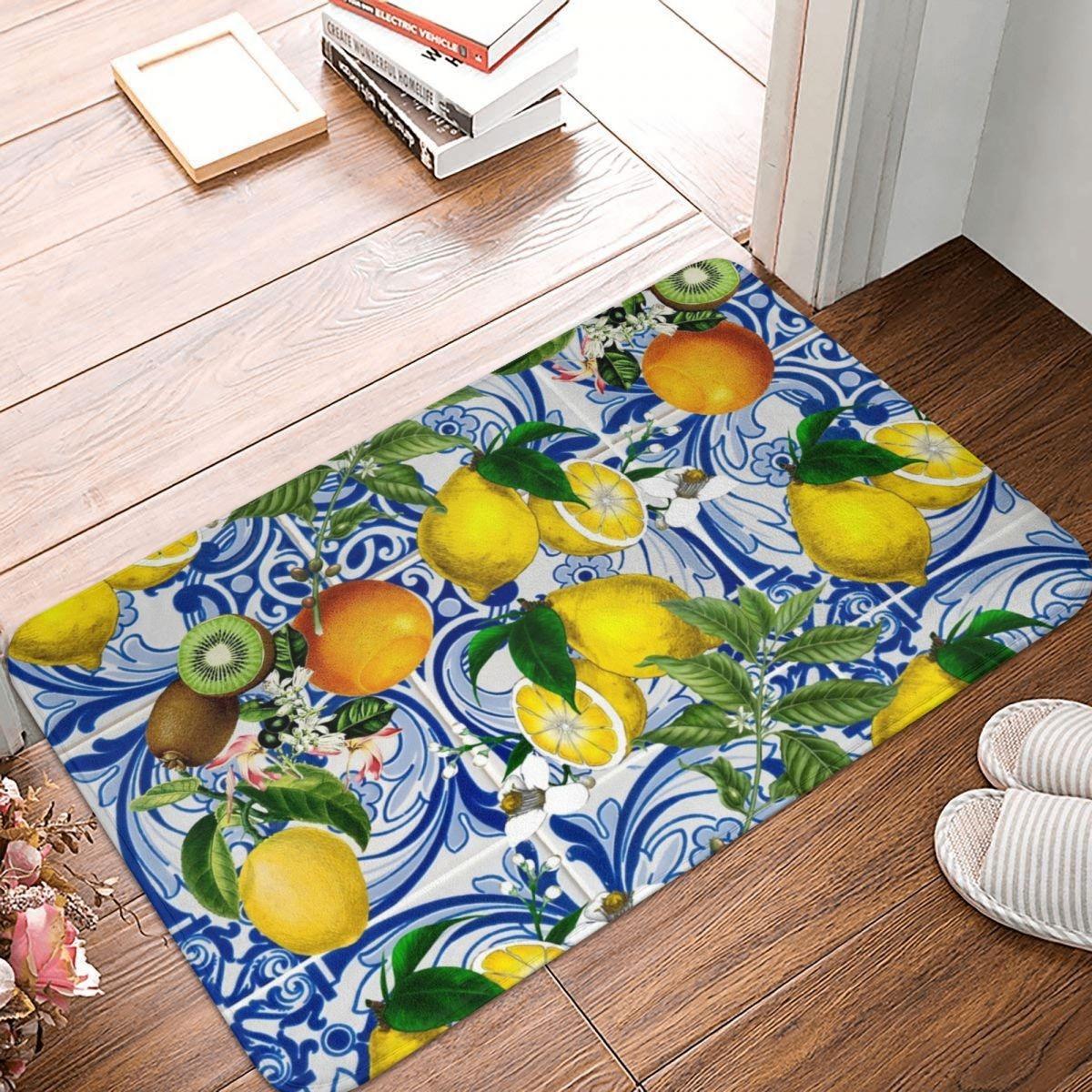 

Summer Lemon Fug Blue Flower Welcome Doormat Decor Carpet for Living Room Bathroom Anti-slip Bedroom Floor Mat Home Decoration 40x60cm