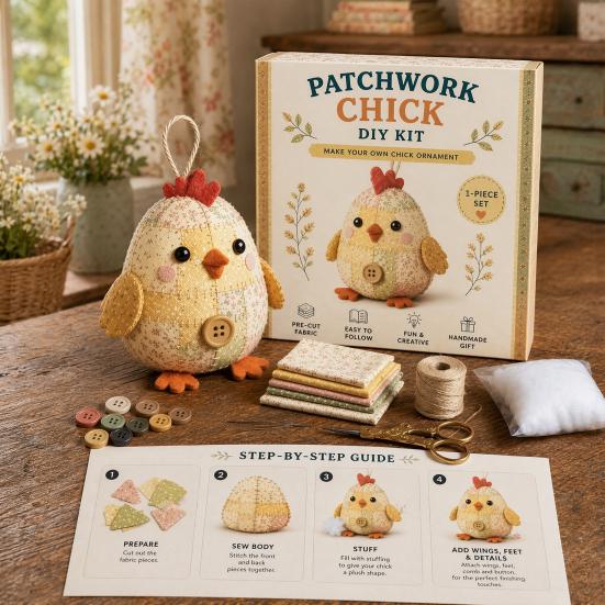 DIY Patchwork Animal Kit, Hand Sewing Craft Set with Pre-Cut Fabric Stuffing Buttons Threads, Cute Plush Animal Craft Kit Gift for Craft Lovers