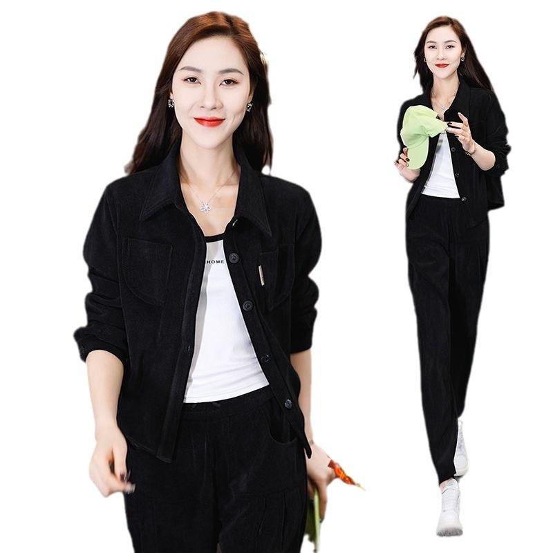 

Fashionable Casual Velvet Suit for Women European Cotton Velvet Jacket Autumn and Winter Thickened Two-piece Set 4XL чорний