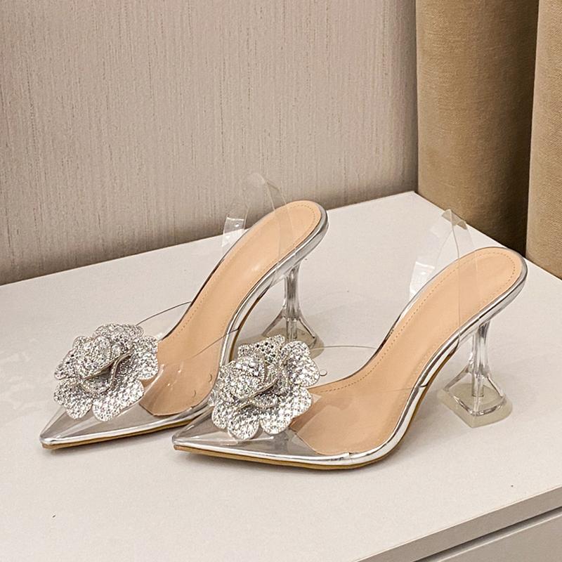 Fashion Liyke Sexy Slingback Sandals Woman Pumps Crystal Rhinestone Flower Pointed Toe Transparent High Heels Wedding Prom Shoes Gold