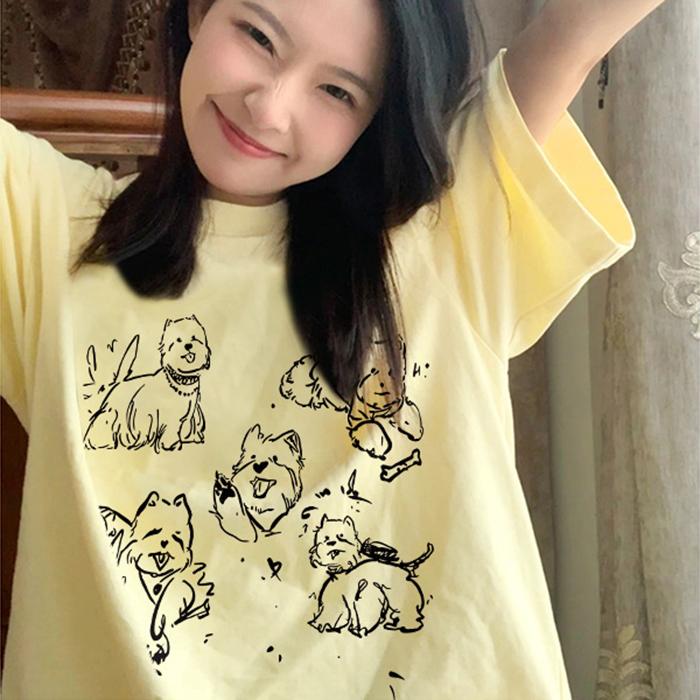 Ladies Summer Short Sleeve Round Collar Pullover Casual Dog Letter Printed Oversize T Shirt Top