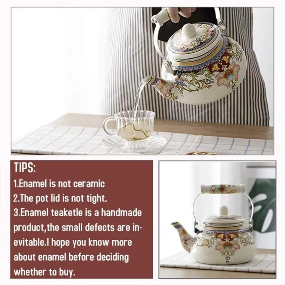 Thickened Chinese Style Enamel Teapot 2.5L Floral Enameled Tea Jug Pear-shaped Antiscald Handle Coffee Pot Gas Induction Cooker