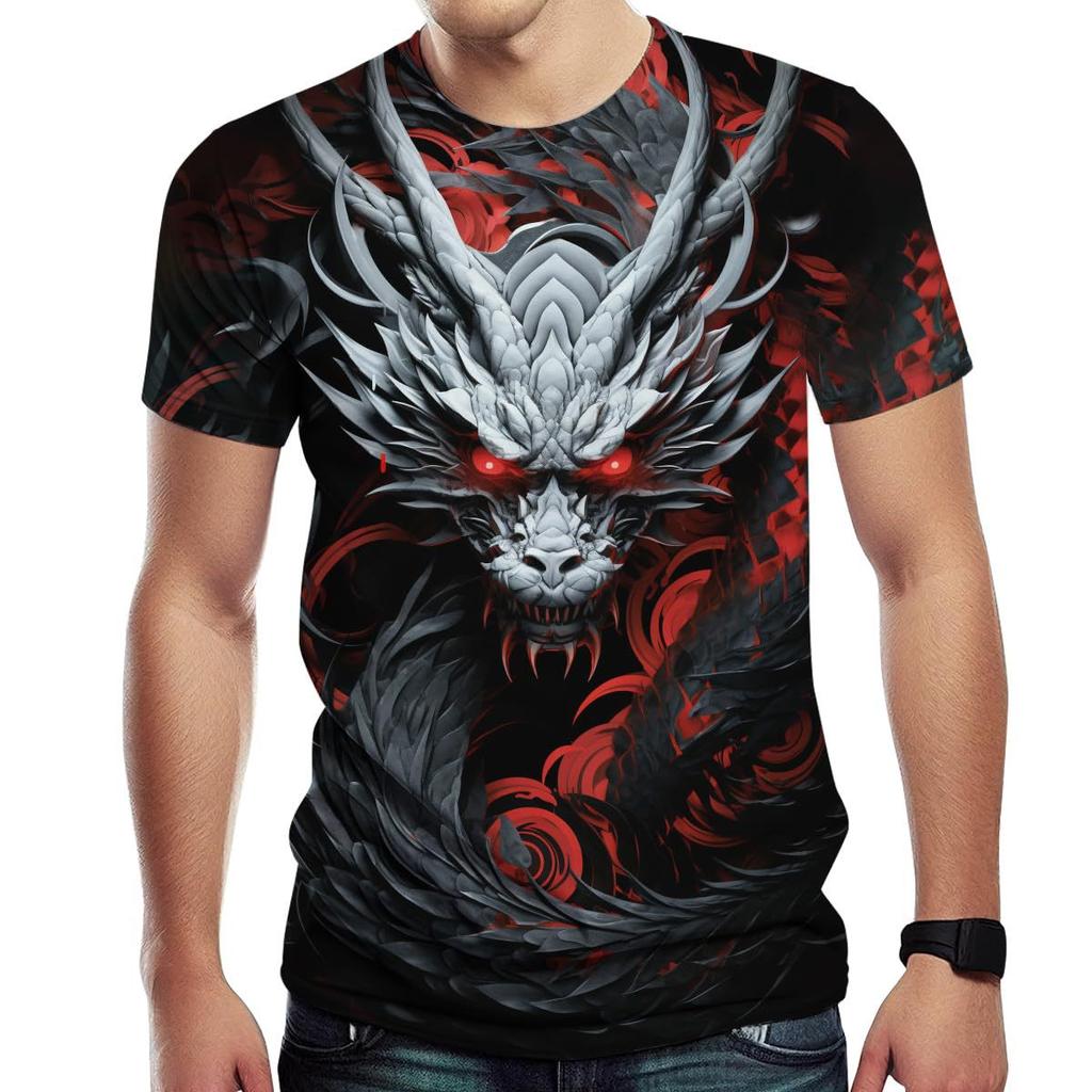Summer Round Neck 3D Dragon Pattern Print Top Fashionable Casual Short Sleeved Men's T-shirts