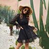 Summer Women Casual Long Sleeve Knee-Length Solid Color A-Line High Waist Stand Collar Dress