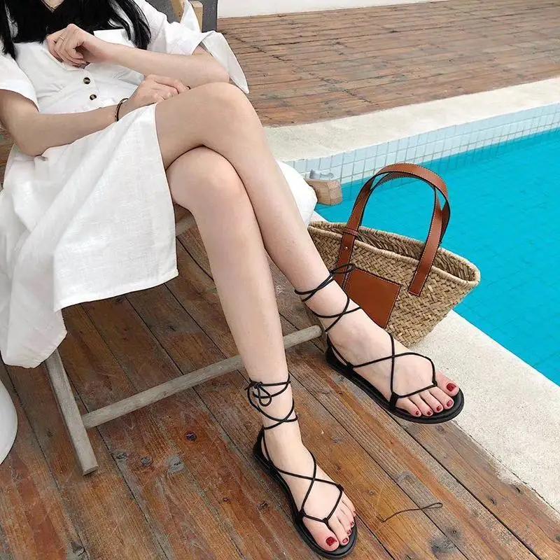 With Strap Sandals for Women Open Toe Outdoor Summer 2025 Flat Rubber No Heel Footwear Flip-flops Beach Ladies Shoes Roman Style