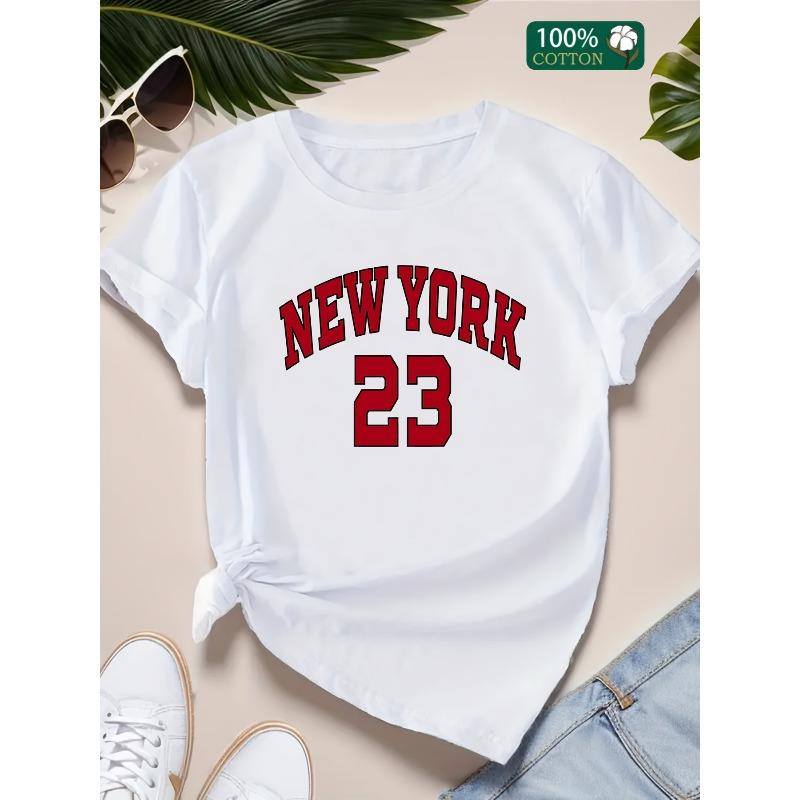 European Sizes NEW YORK 23 Graphic T-Shirt Casual Crew Neck Tee, Short Sleeve, Regular Fit Knit Fabric Top with Rib-Knit Detail for All Seasons