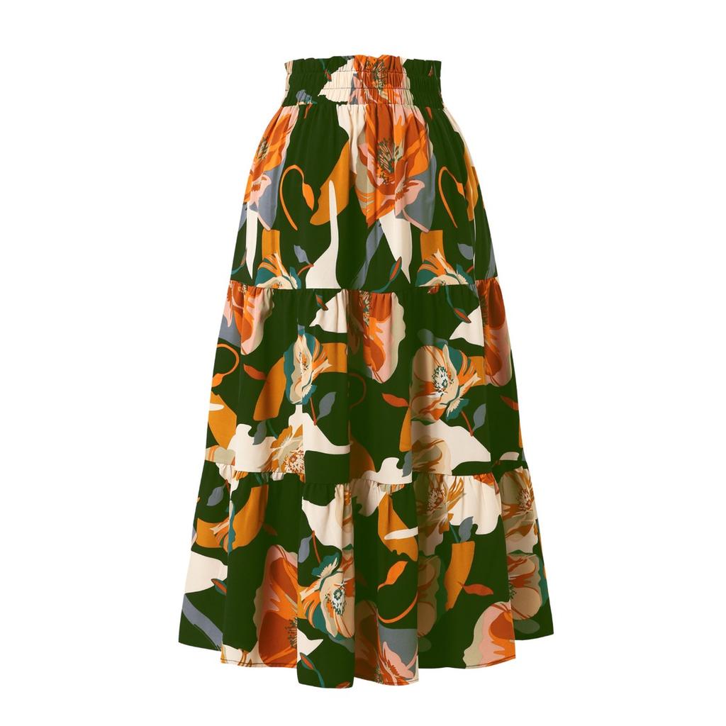 A-line Skirt, Pleated Skirt, Floral Print, Elastic Waist, Midi Skirt
