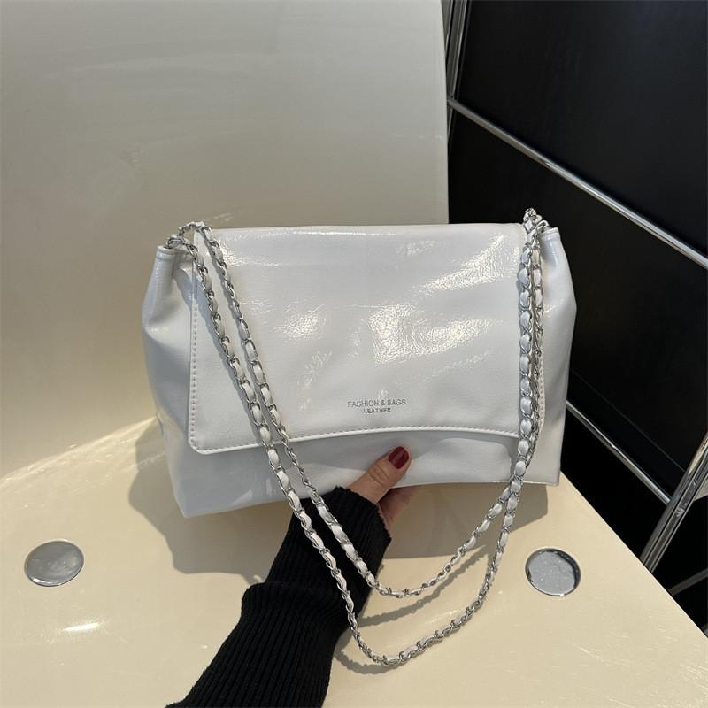 Versatile Pu Leather Medium Shoulder Bag For Women With Elegant Chain Design In Black Silver And Cream