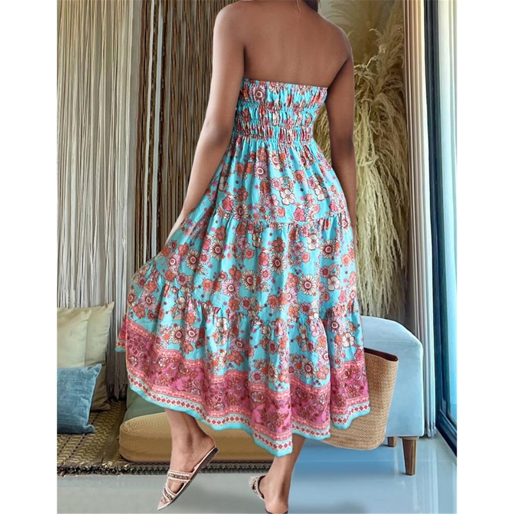 Sommer Neu Böhmischer Urlaubsstil Mehrfarbiger Druck Süßes Bustierkleid Große Schwingkleider für Frauen