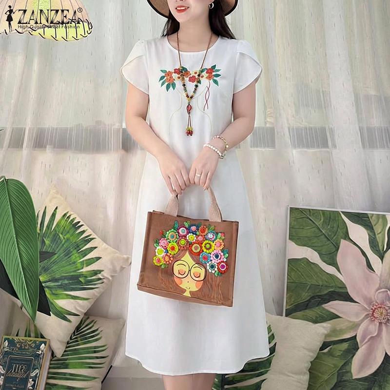 ZANZEA Women Casual Round Neck Short Sleeve Print Dress