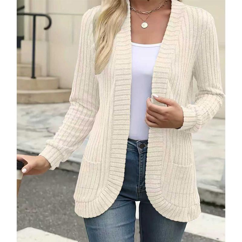 Frühlings- und Herbstmode Damen Einfarbig Lässige Rippstrick Gebürstete Strickjacke