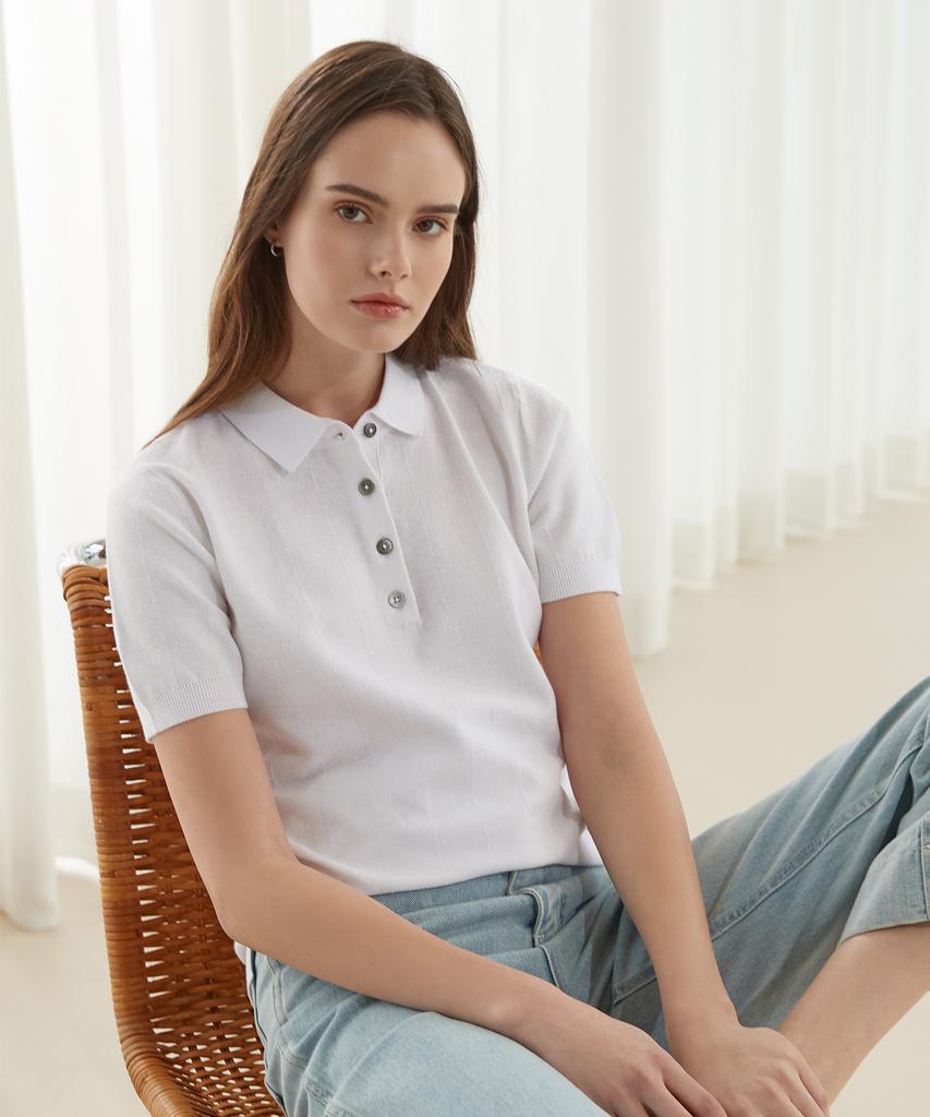 MARTYNBAL Linen Blended Short Sleeve Collared Knit_White
