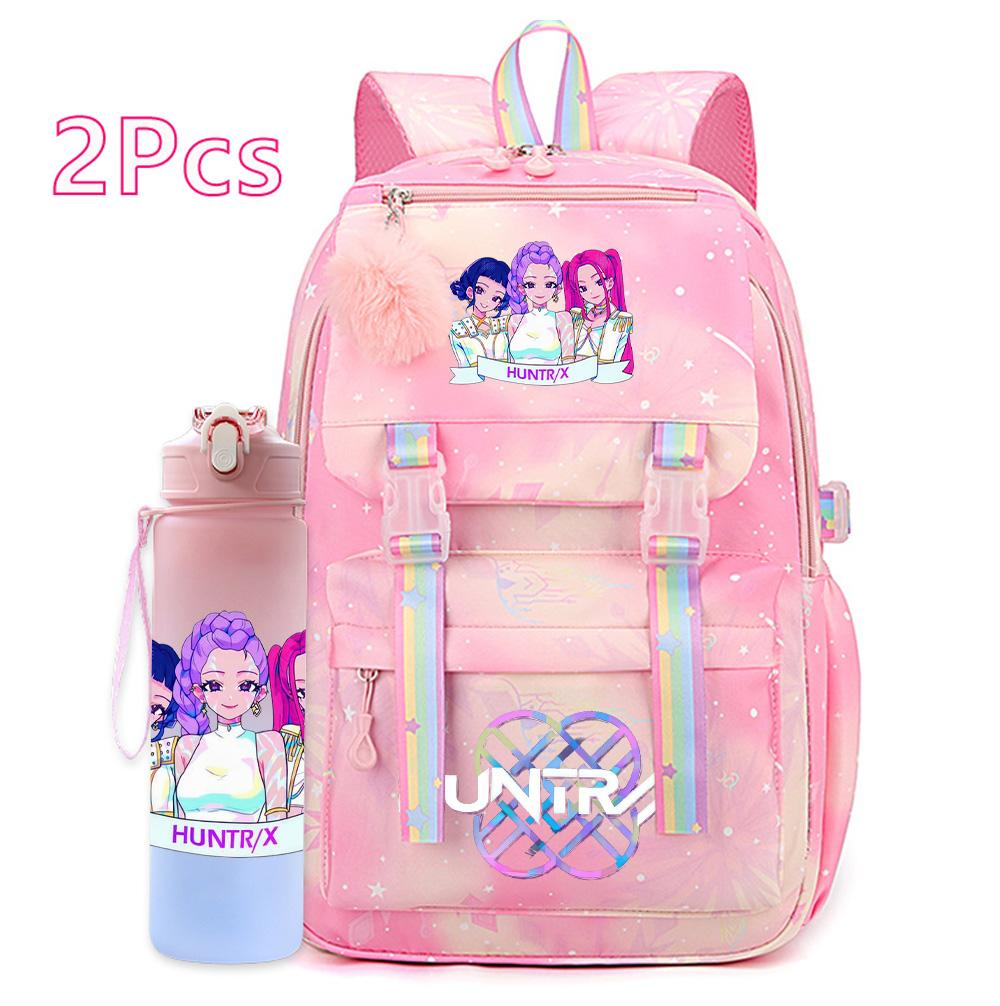 2Pcs/set Anime Cartoon Kpop Printed Backpack with 750Ml Water Bottler Large Capacity Travel Bag for Teenager Girl Boy Bookbag Kid Gift Rucksak