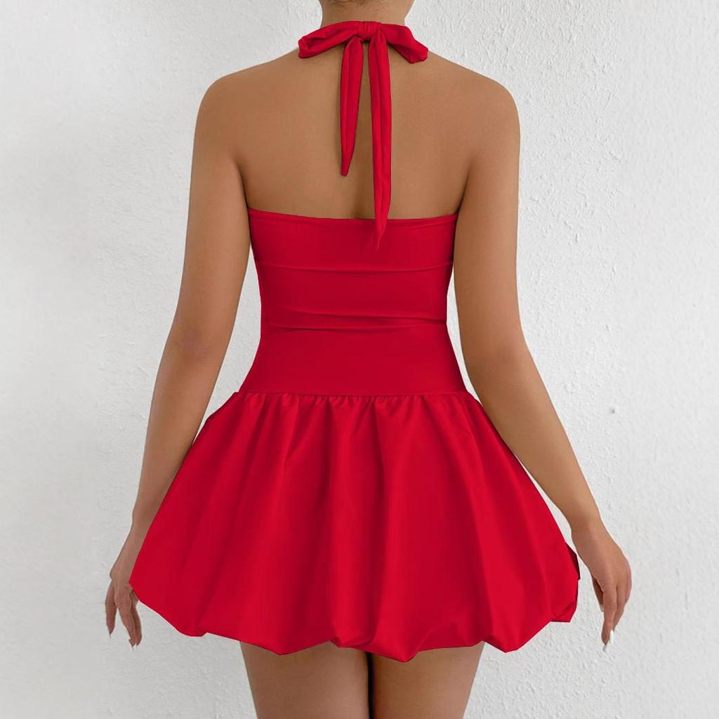 Sleek Halter Neck A-Line Waist-Cinched Backless Little Black Dress - European & American Style Party Dress