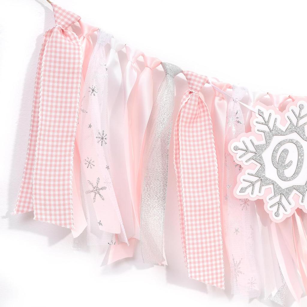 Pink Winter Onederland High Chair Banner – Winter Holiday 1st Birthday Decor, Pastel Pink and Silver Snowflake Highchair Tutu for Girl Cake Smash