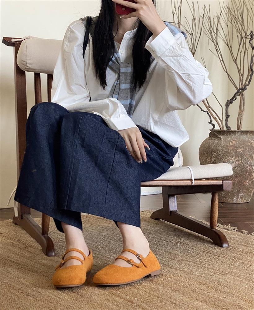 

Cowhide 3CM round head double buckle with Mary Jane women s shoes genuine leather hollow flat bottom cool single shoes 40 светло-коричневого