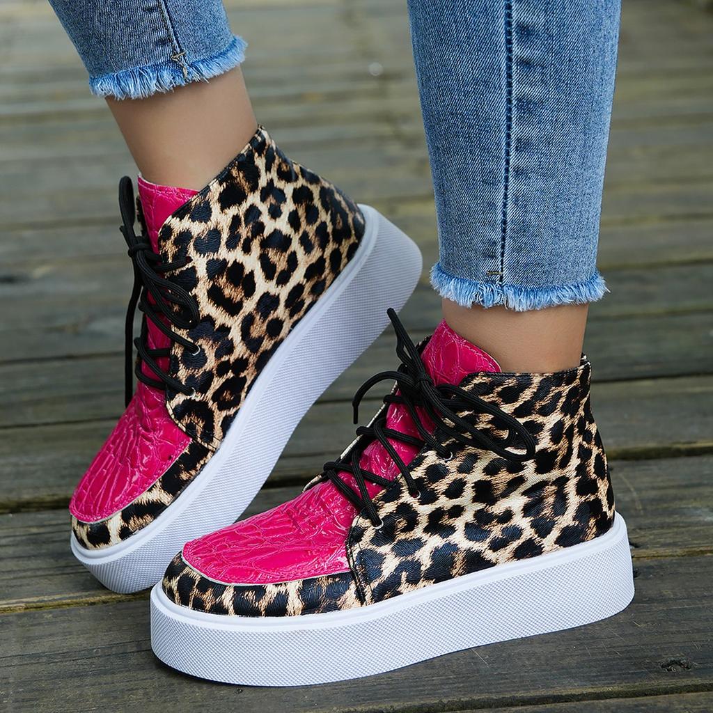 Large Size Spliced High Top Sports Shoes with Flat Heels and Leopard Print Casual Shoes