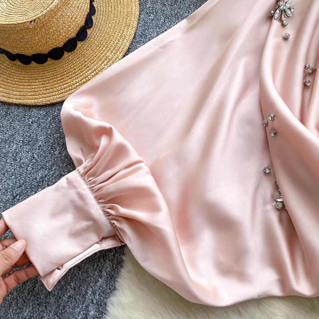 European & American Heavy Rhinestone Lantern Sleeve Satin Top - Women's Autumn Loose Waist Top