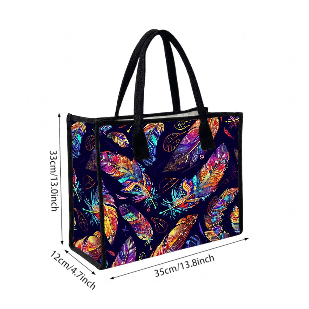Bohemian Colorful Feather Pattern Large Tote Bag Portable Casual Daily Shoulder Handbag for Outdoor Shopping Travel
