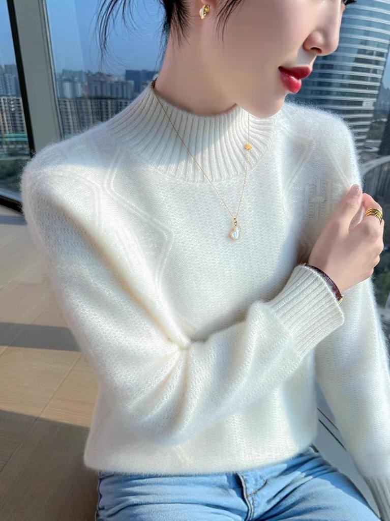 Women's Wool Cashmere Half-High Collar Sweater - Autumn & Winter Versatile Knit Pullover