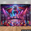 2D Flat Disco Party Banner Background. Retro Disco Hall Theme, Featuring Colorful Mirror Balls and Stage Sound.