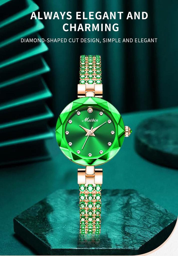 Cute and stylish crystal bracelet watch with waterproof quartz Simple A great gift idea for a luxury green women's movement. design. bangle. Small,