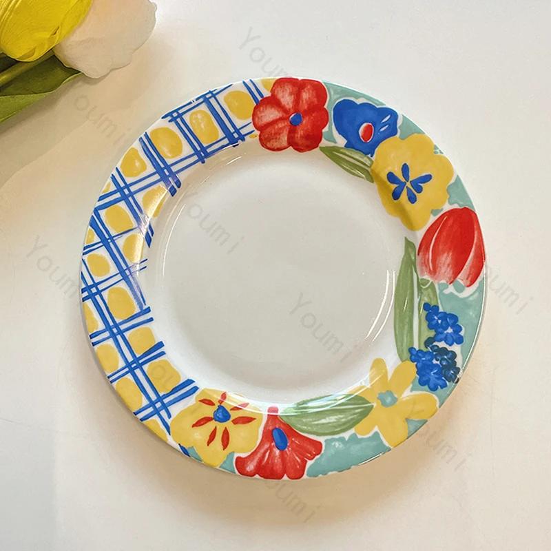 Retro oljemaleri-stil keramisk tallerken Kreativ håndmalt blomst Middagstallerkener Ettermiddagste Frukt Dessert Snacks Servise