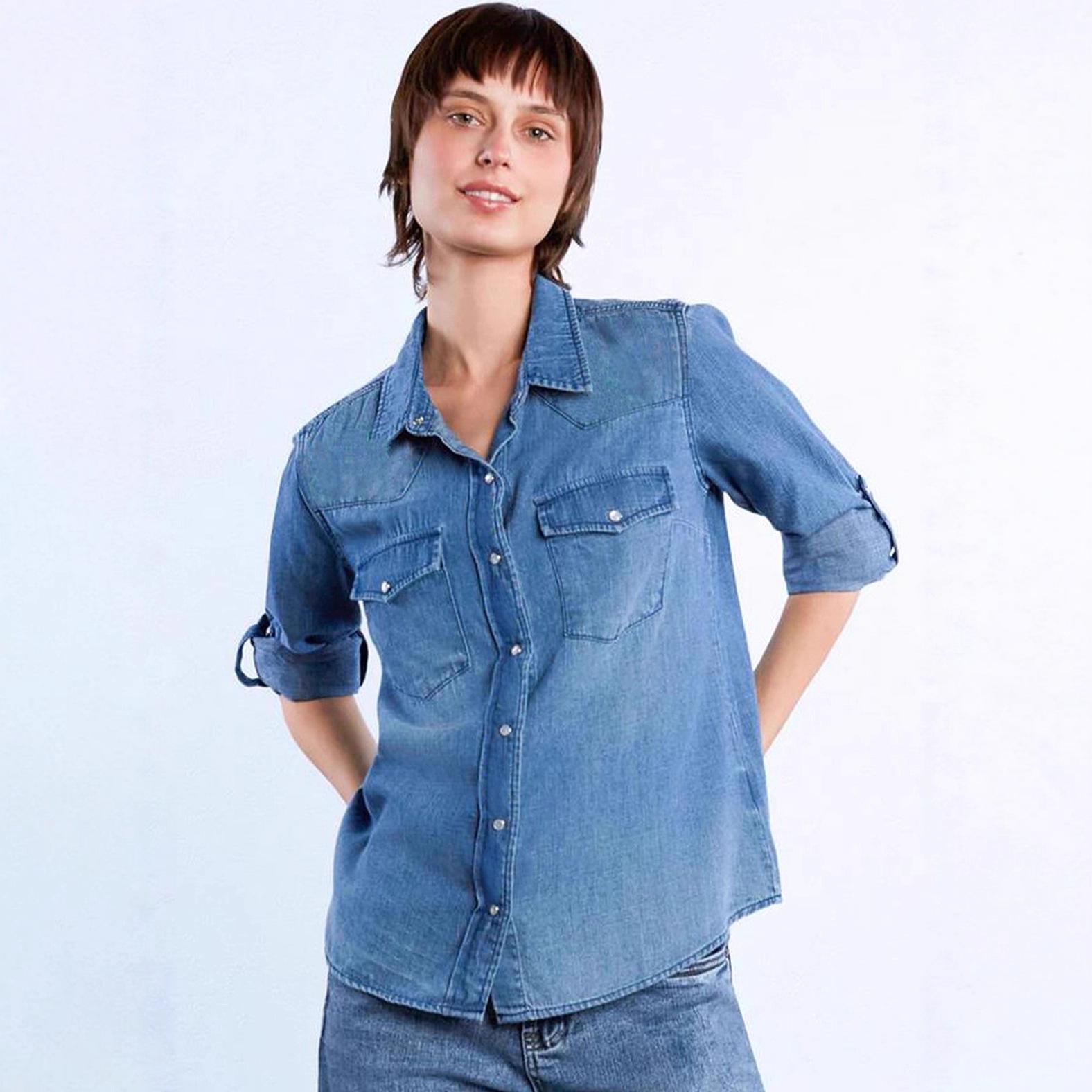 Женская европейская и американская свободная повседневная джинсовая рубашка Medium синий