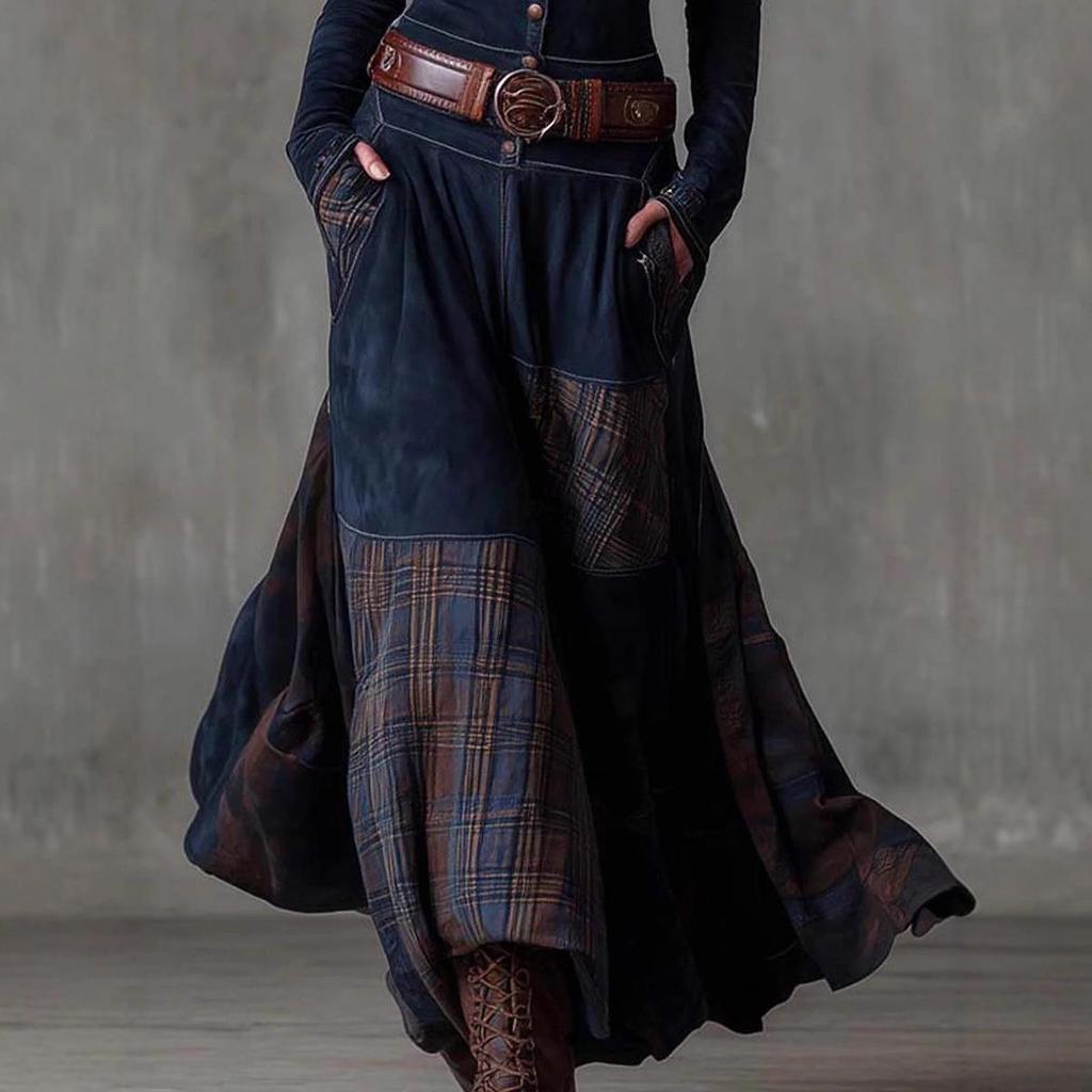 Suede Plaid Patchwork Skirt Dress with Pockets & Button Belt - Commuter Style