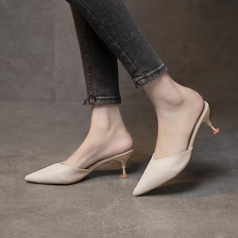 Mote 2024 Vår- og høstsesong Nytt ensfarget lærhodebånd Yttertøy Halvtøfler Dames Komfortable Enkelsko