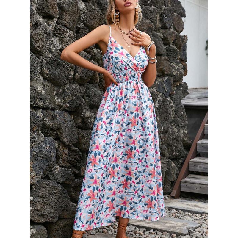 Summer Floral Printing Suspender V-neck Dress Women Elegant Loose Slim Waist Holiday A-line Party Dresses Sleeveless Fashion Casual Women's Clothing