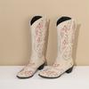 Embroidery Western Women Knee High Boots Brown Black PU Square Heels Winter Round Toe Vintage Cowboy Cowgirl Slip-on Long Boots