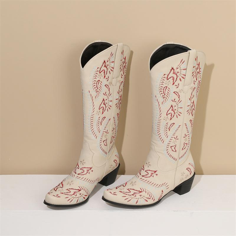 Embroidery Western Women Knee High Boots Brown Black PU Square Heels Winter Round Toe Vintage Cowboy Cowgirl Slip-on Long Boots