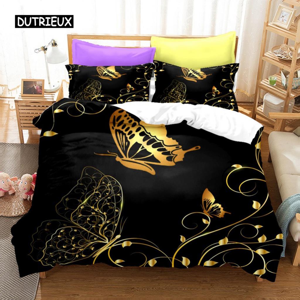 Black Gold Butterfly Bedding Set Luxury Black Duvet Cover 2/3Pcs Printed Comforter Bedding Sets for Adults Bed Set Room Decor