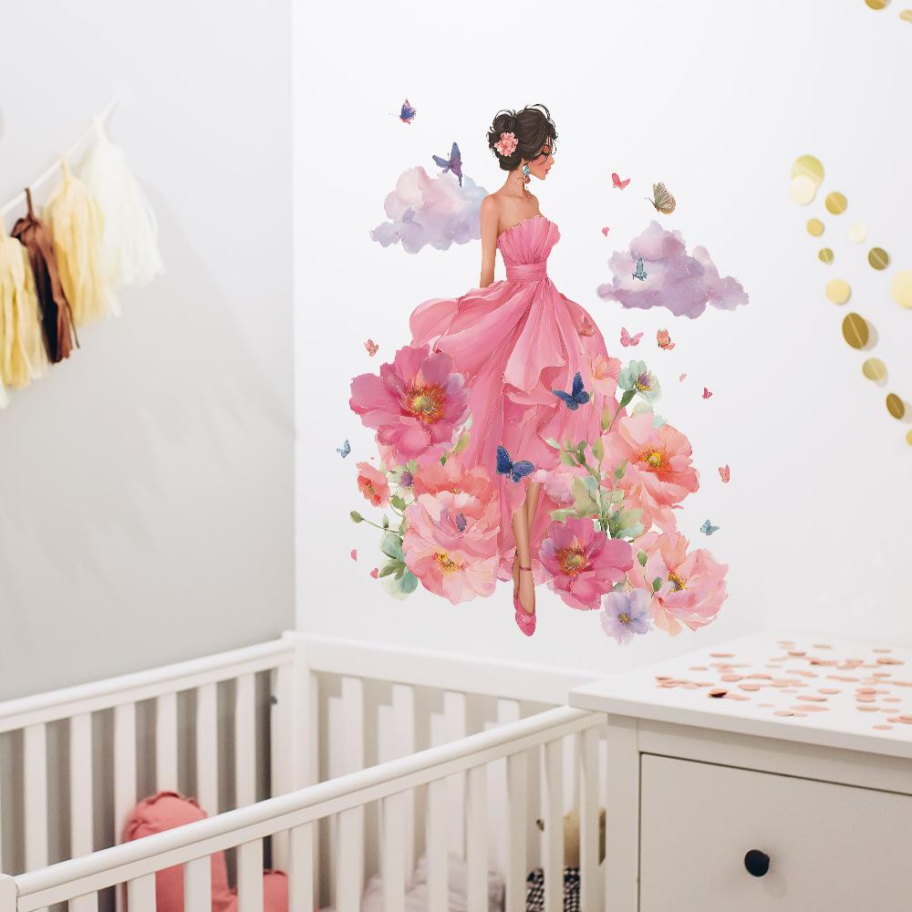 Fantastical Flower Fairy with Clouds and Butterflies Wall Sticker Enchanting Dreamy Self-Adhesive Removable Decor for Living Room Bedroom Girls Room