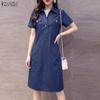 ZANZEA Vestido feminino casual com gola virada para baixo azul jeans manga curta