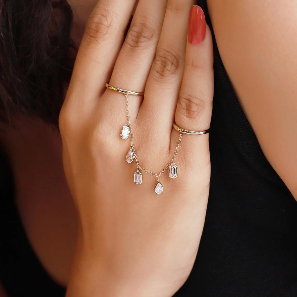 2026 New Arrived Fashion Women Jewelry Geometric Bezel CZ Drop Charm Tassel Chain Double Finger Ring Gold Plated